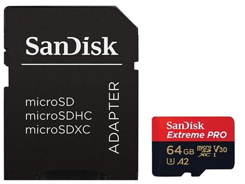 Карта памет SanDisk Extreme PRO microSDXC 64GB със SD Adapter, A2, C10, V30, UHS-I, U3