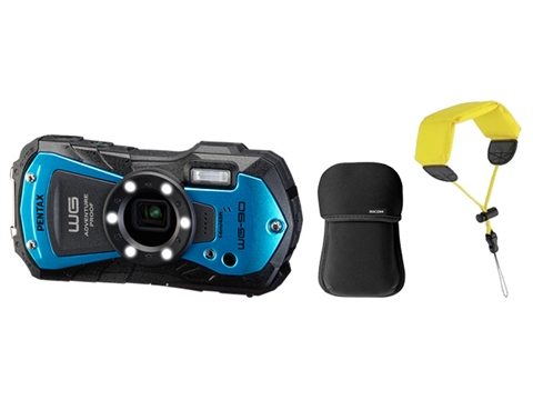 Компактен водоустойчив фотоапарат Pentax WG-90 в комплект с неопренов калъф и плуваща каишка, син