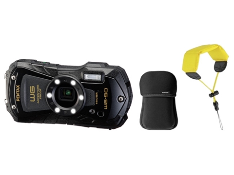 Компактен водоустойчив фотоапарат Pentax WG-90 в комплект с неопренов калъф и плуваща каишка, черен